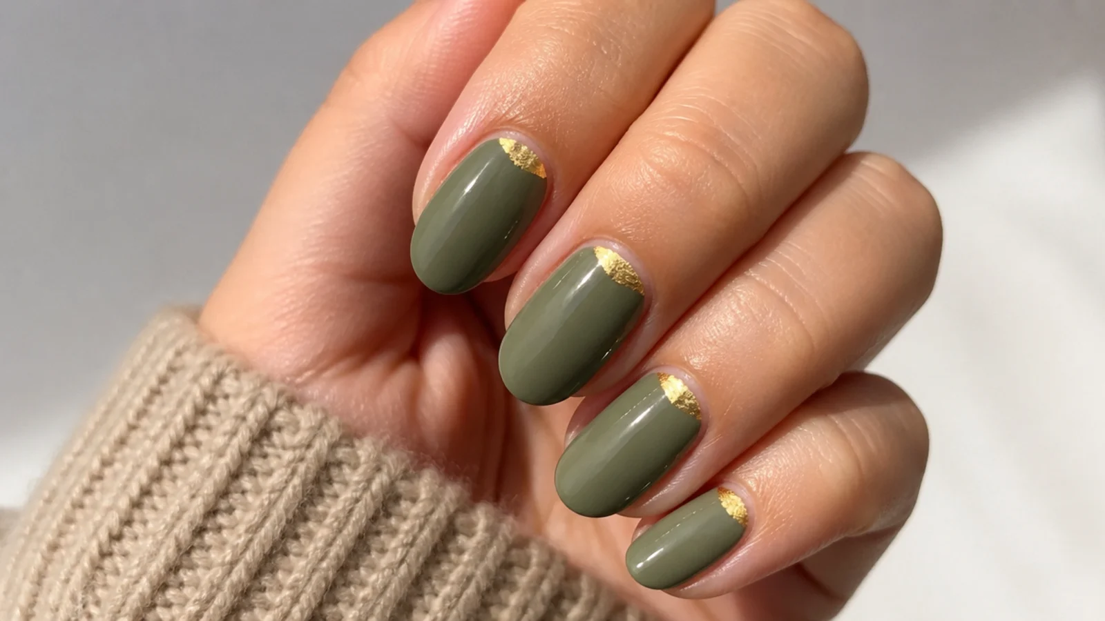 Muted olive green nails with a gold foil half-moon at the cuticle