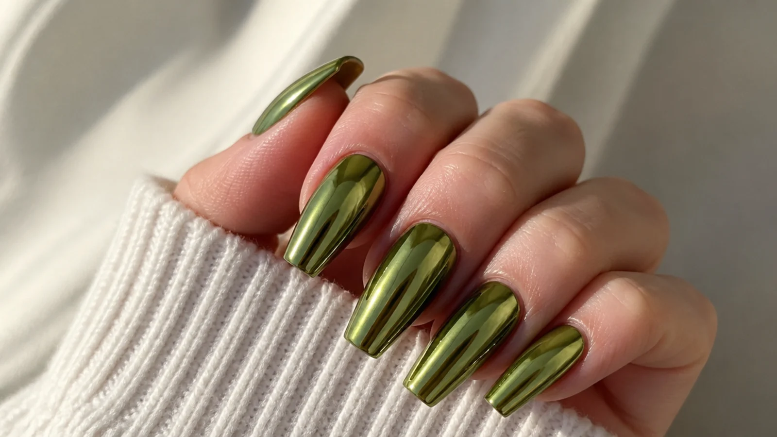 Reflective olive green chrome nails in a coffin shape