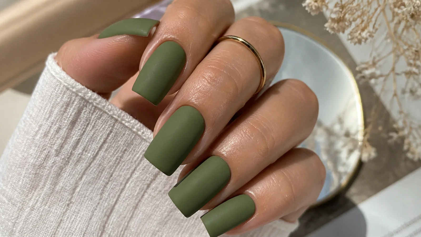 Flat matte olive green square nails with a suede-like finish