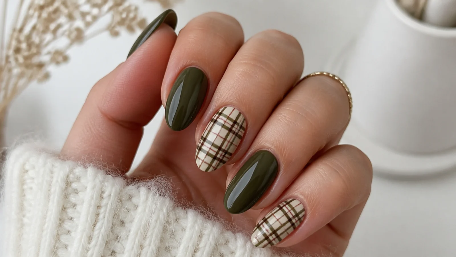 Olive green nails with brown and cream plaid accent nails