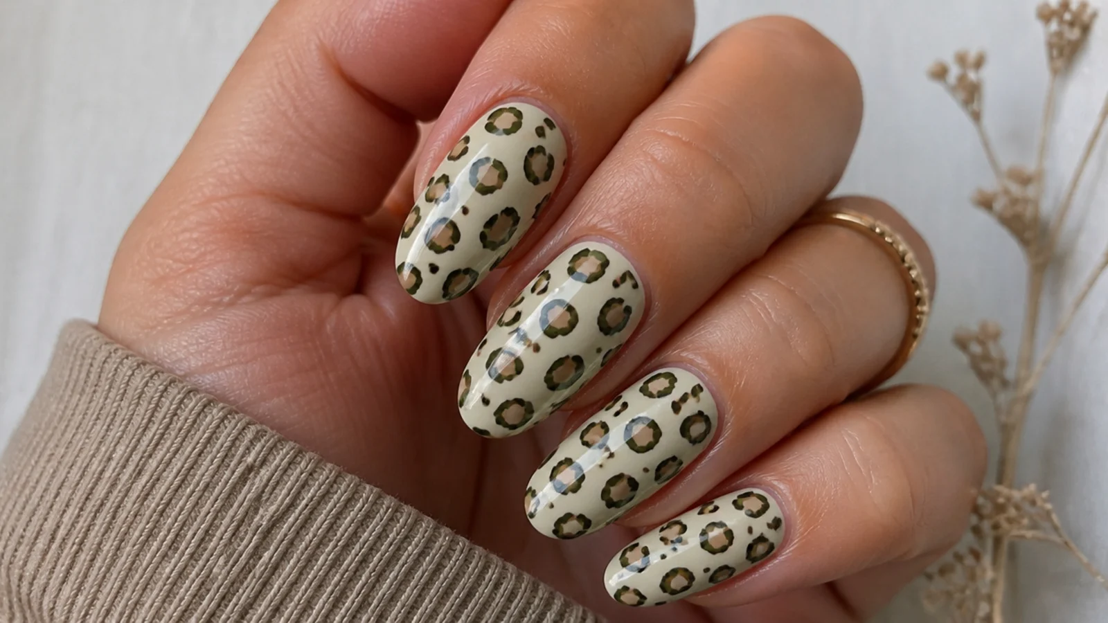 Cream nails with olive green and brown leopard spots