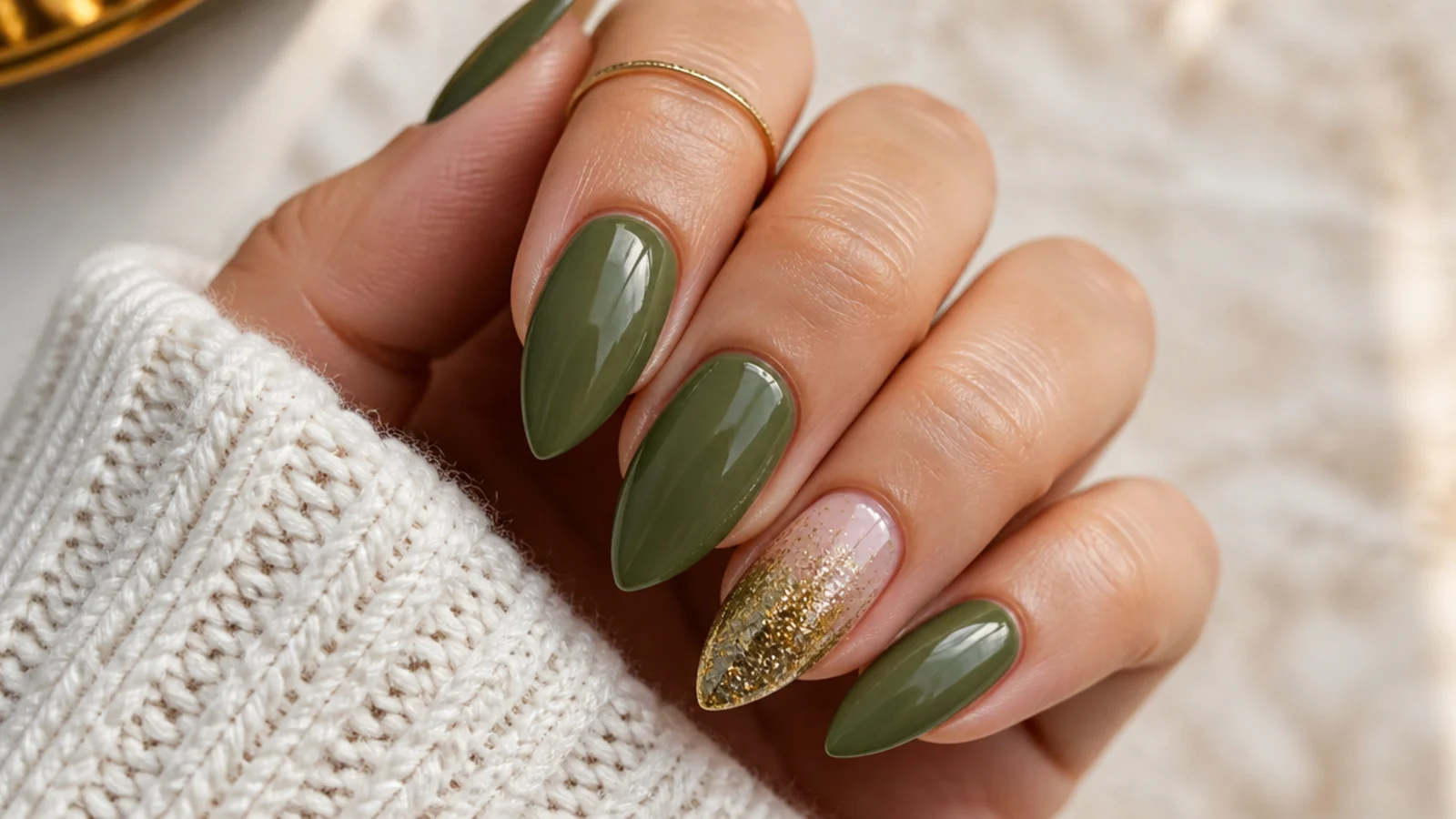 Olive green nails with one gold glitter ombre accent nail