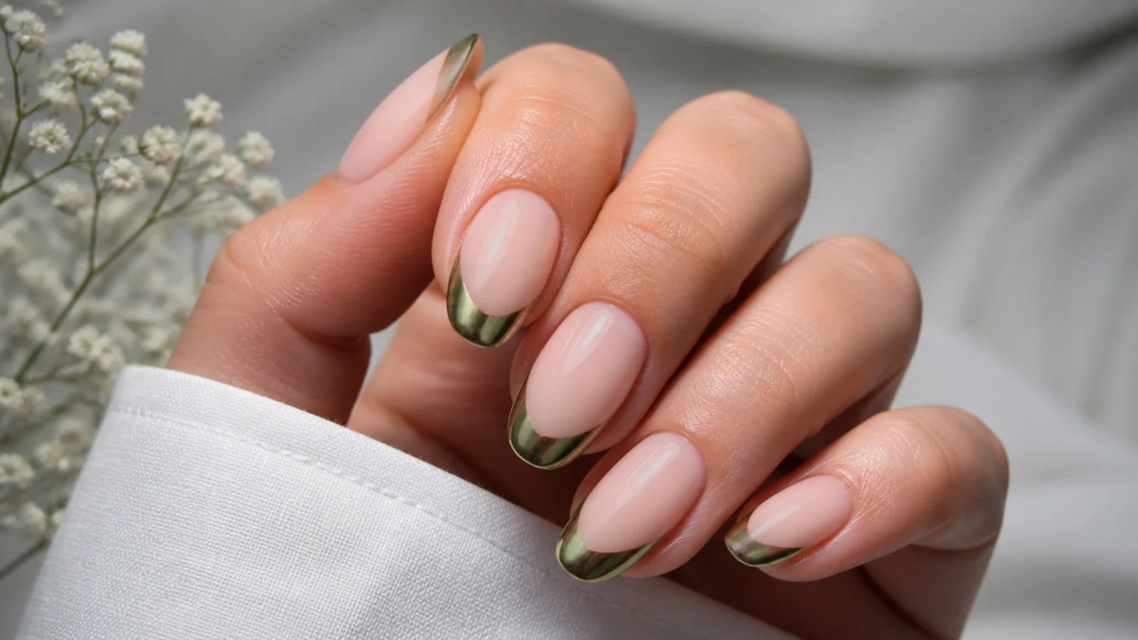 Nude nails with metallic olive chrome french tips