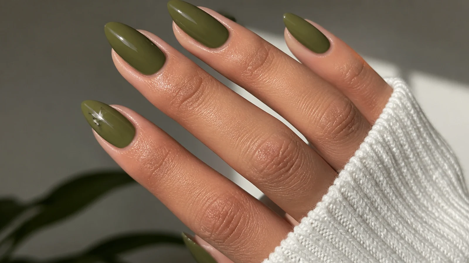 High-shine olive green almond nails on tan skin