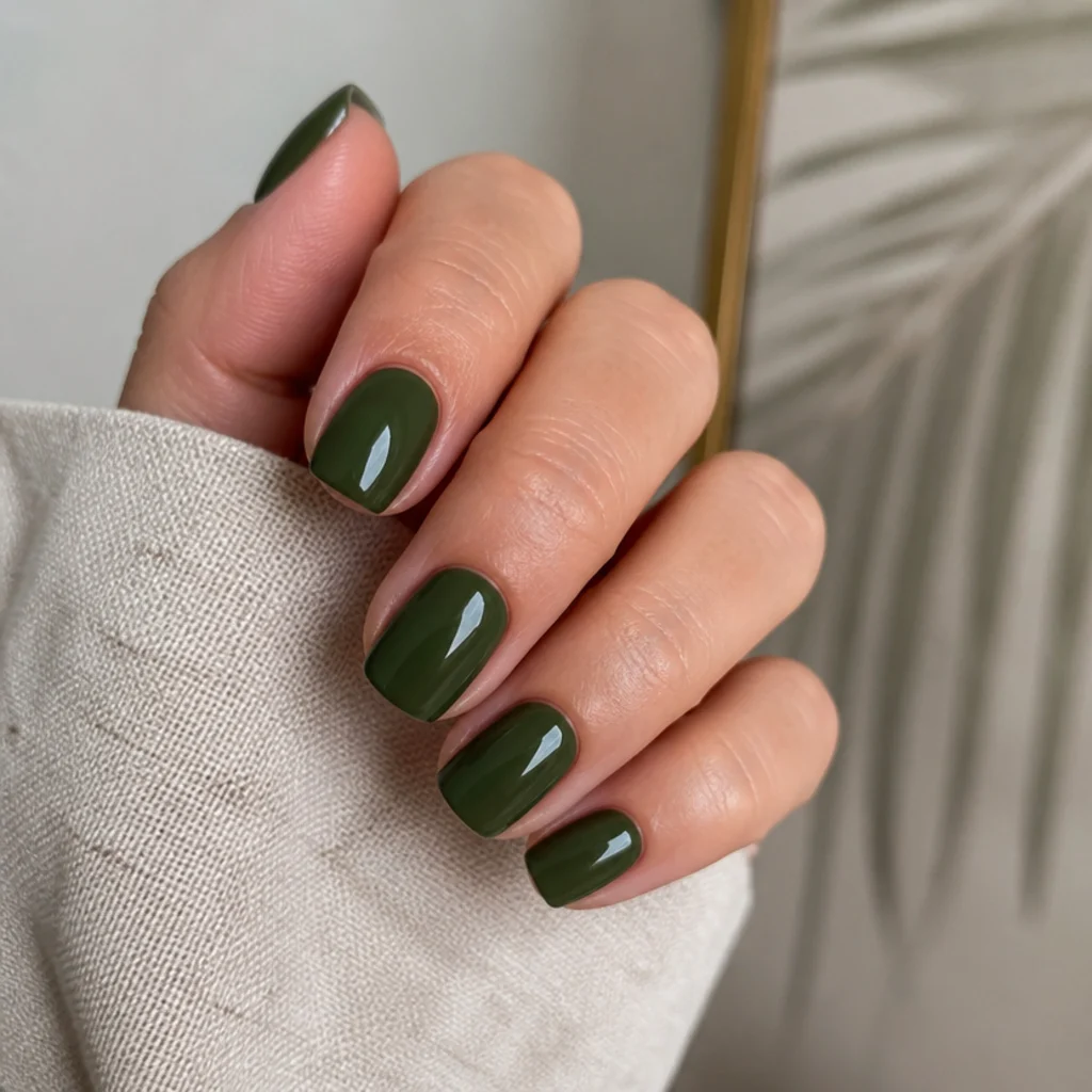 Short square olive green nails in a neat glossy finish
