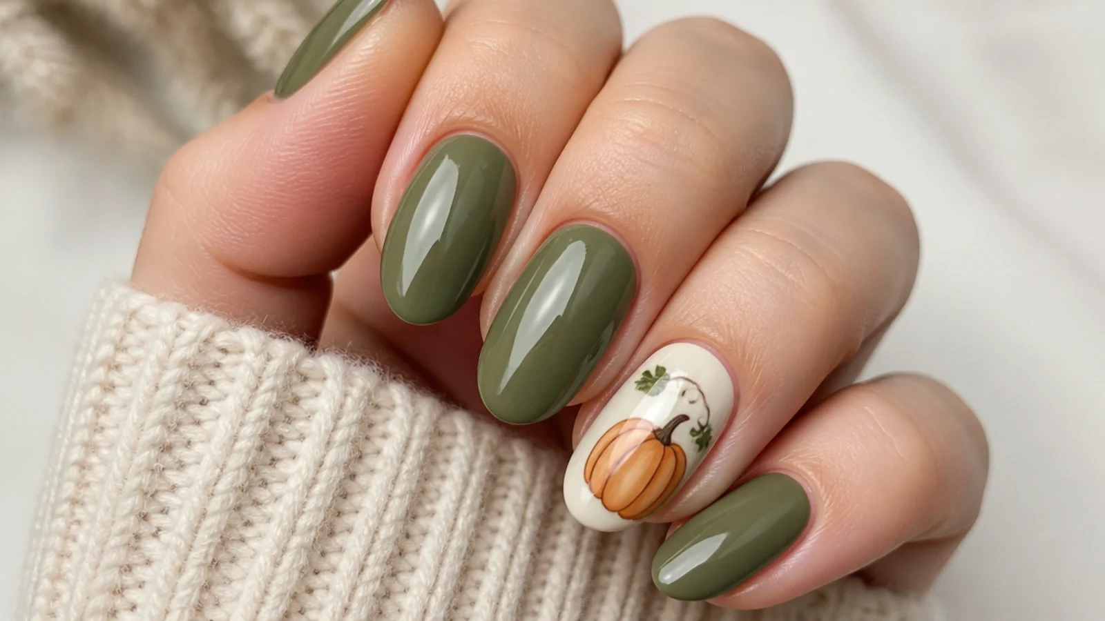 Olive green nails with a small hand-painted pumpkin accent nail
