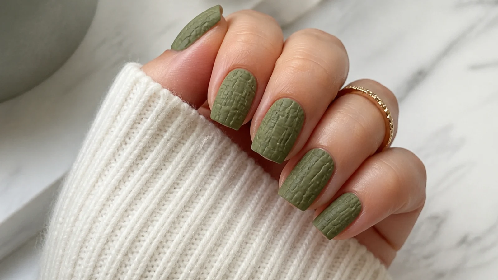 Textured olive green nails with a crocodile-skin matte pattern
