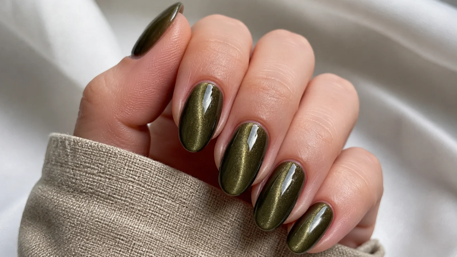 Olive green magnetic cat-eye nails with a soft velvet shimmer