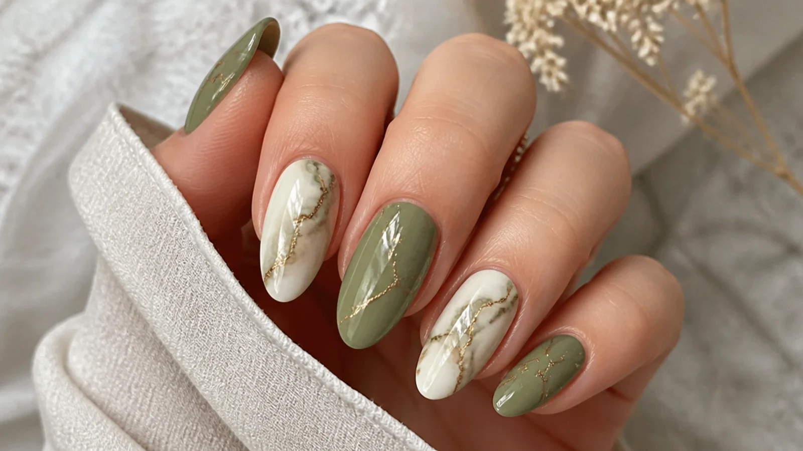 Olive green and cream marble nails threaded with thin gold veins