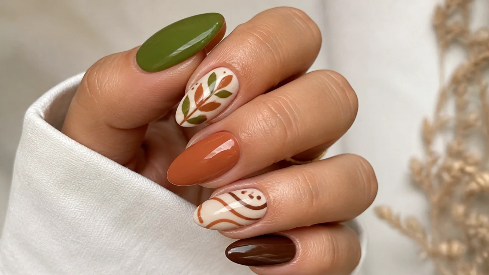 Olive green nails mixed with terracotta, cream and brown boho designs