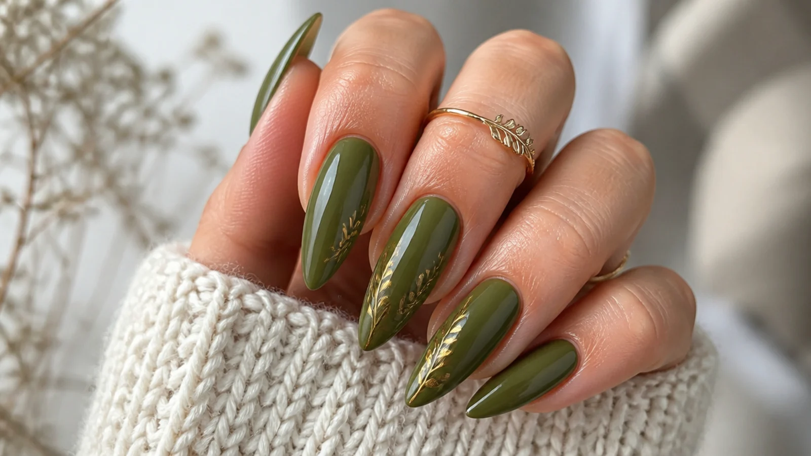 Long pointed olive green stiletto nails with a glossy finish