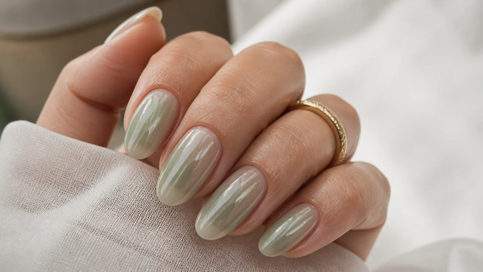 Sheer milky olive green nails with a soft translucent wash