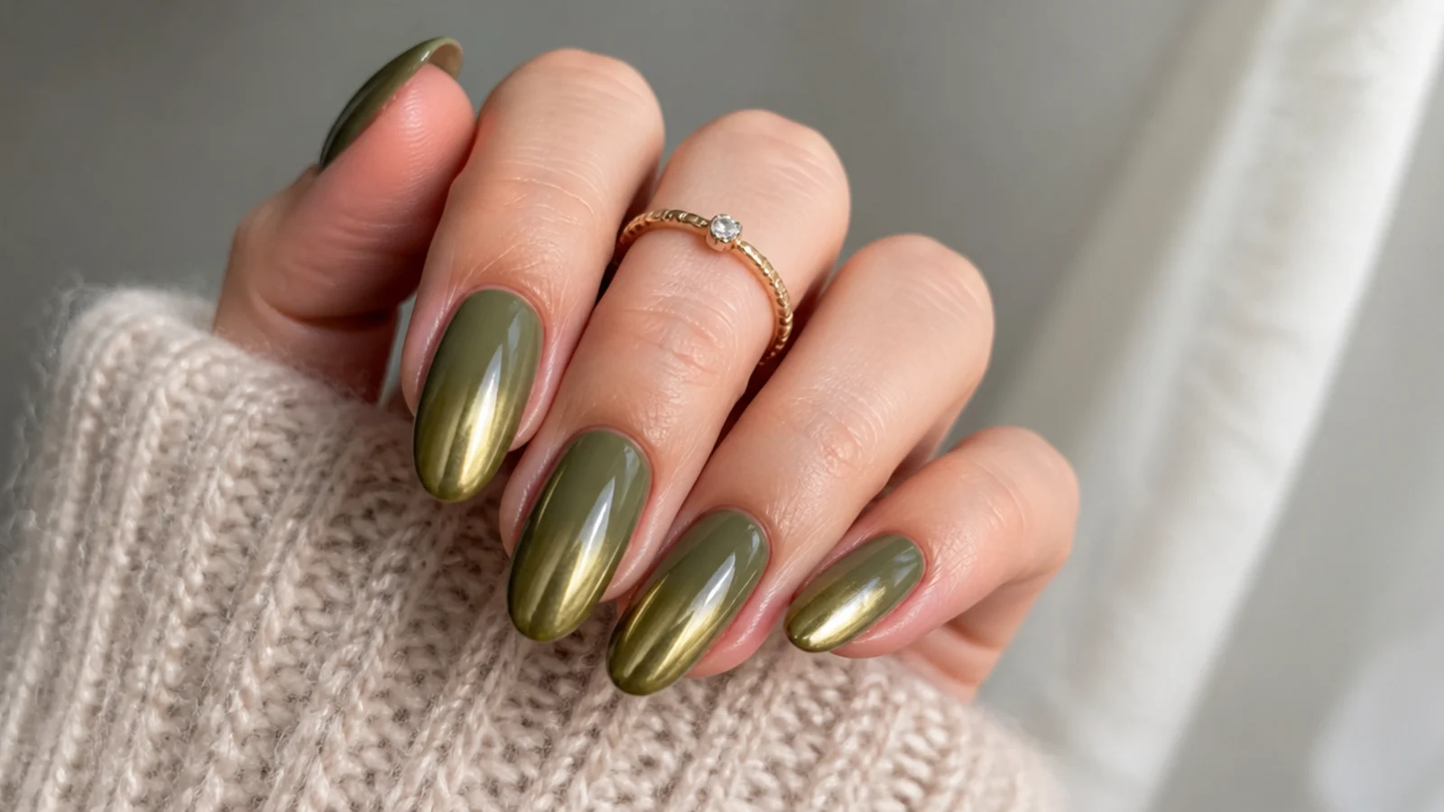 Olive green nails with a chrome ombre fading from tip to base