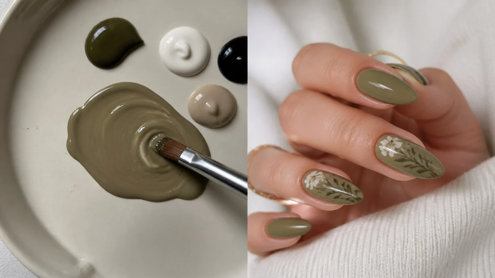 Mixing gel colors into a muted khaki-olive on a palette with a brush