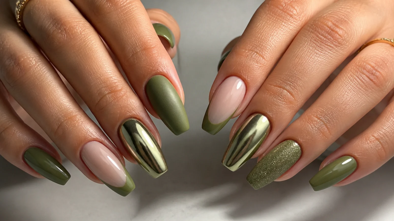 Olive green nails shown in glossy, matte, chrome and french finishes