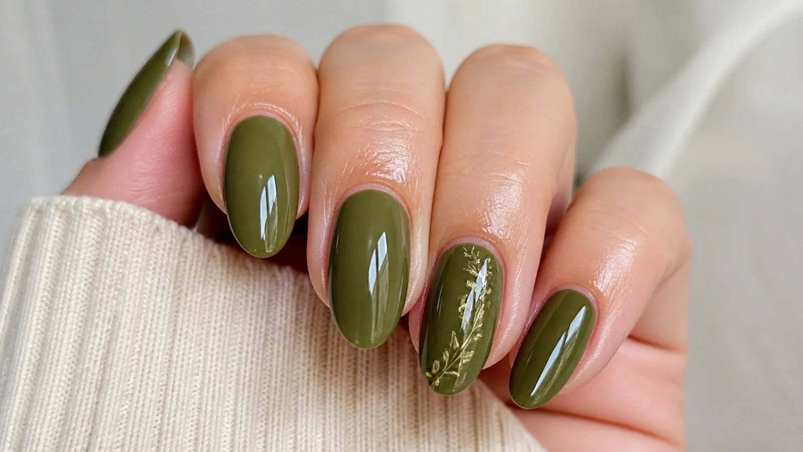 A well-sealed olive green gel manicure with cuticle oil for longevity