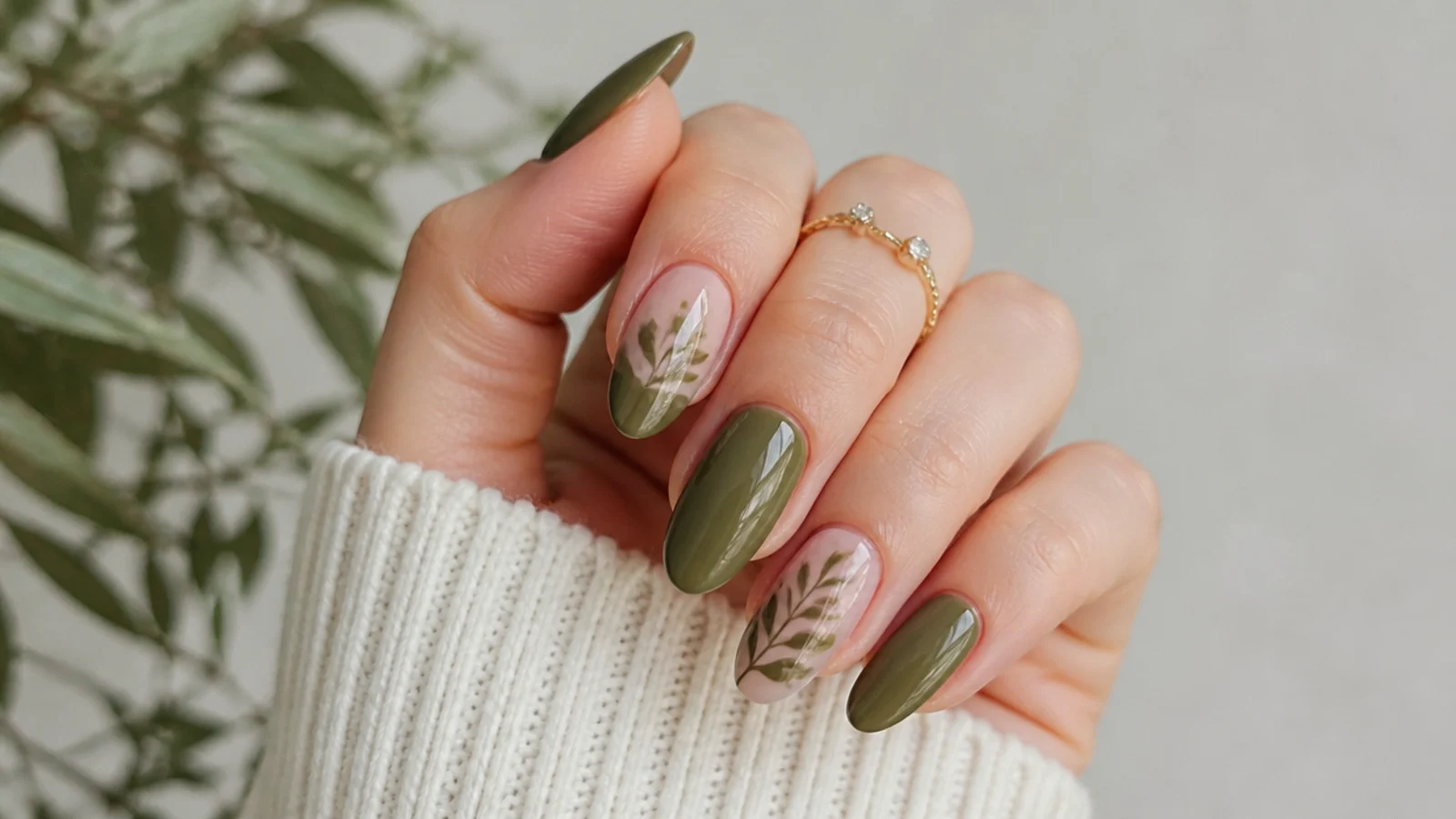 Olive green nails styled for fall events, weddings and everyday wear