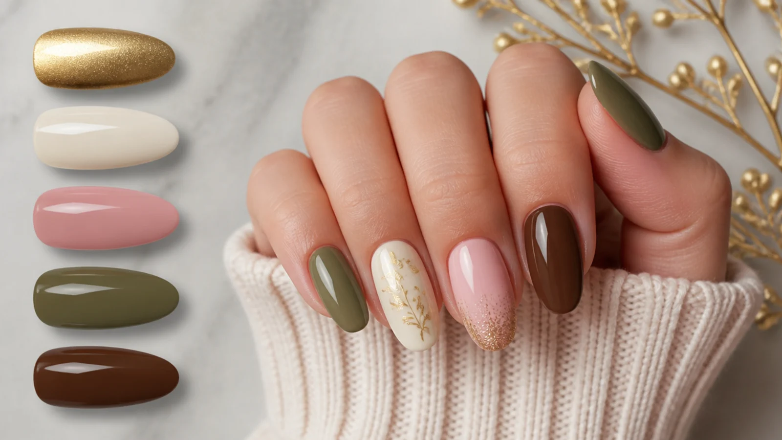 Olive green nails styled beside gold, cream, soft pink and brown swatches
