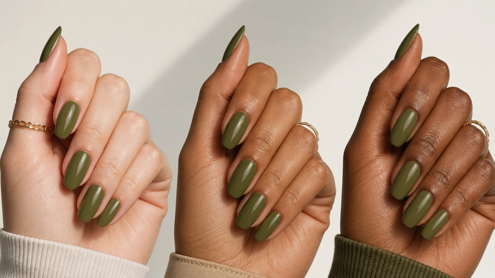 Three olive green nail swatches shown against fair, tan and deep skin