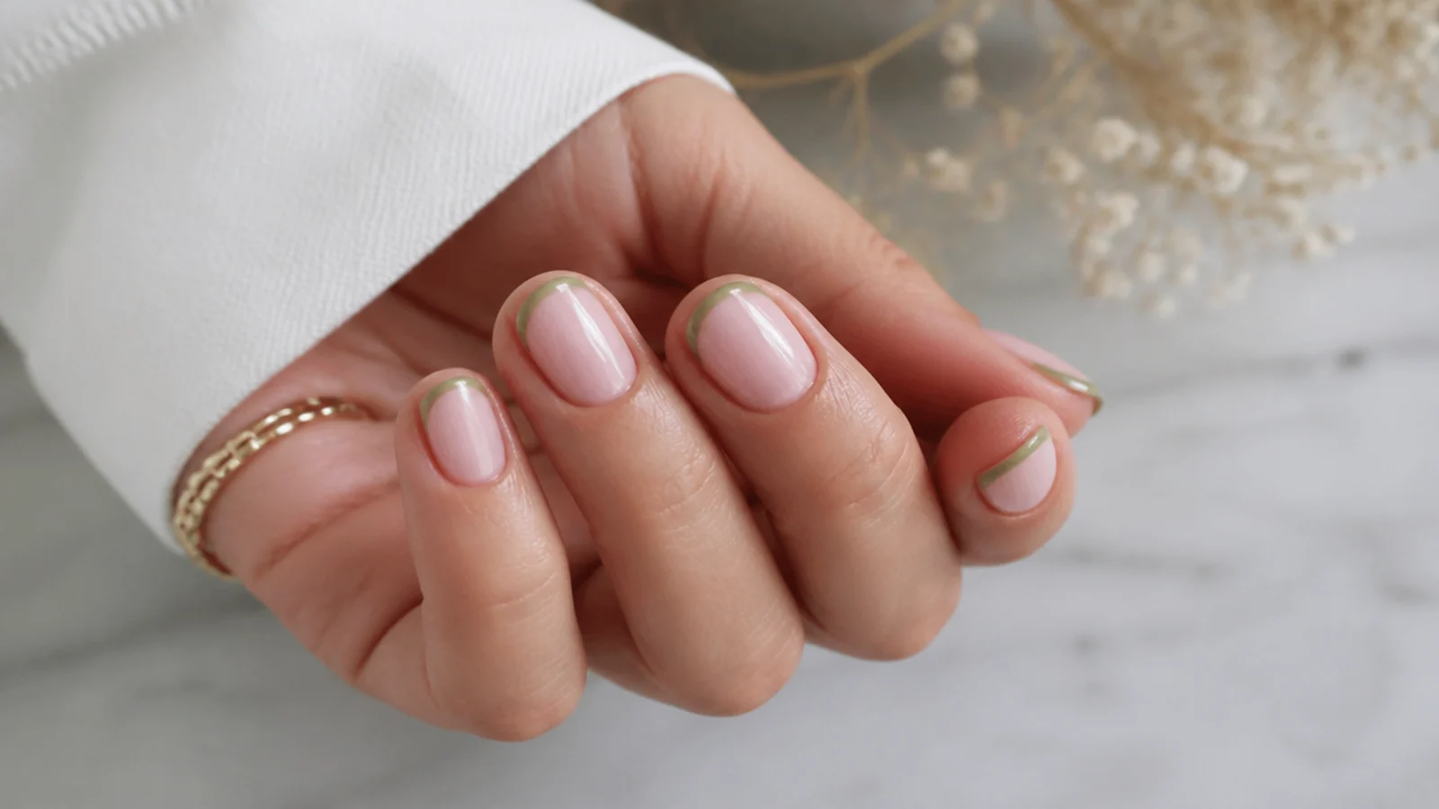 Very thin micro olive green french tips on short natural nails
