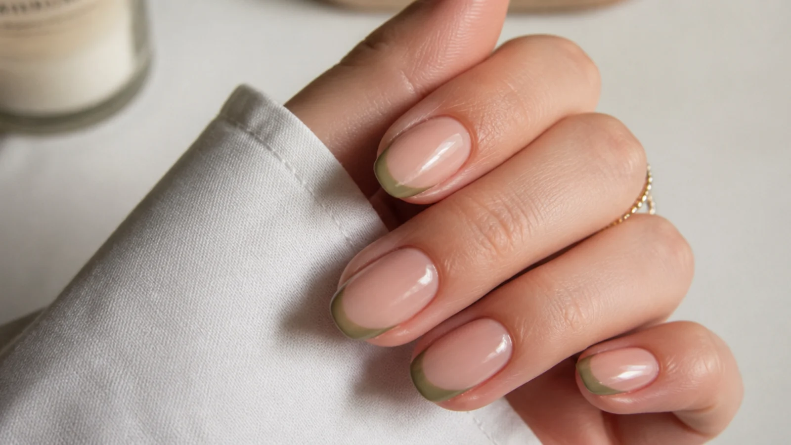 Light grayed olive green french tips on a pale nude fair-skin base