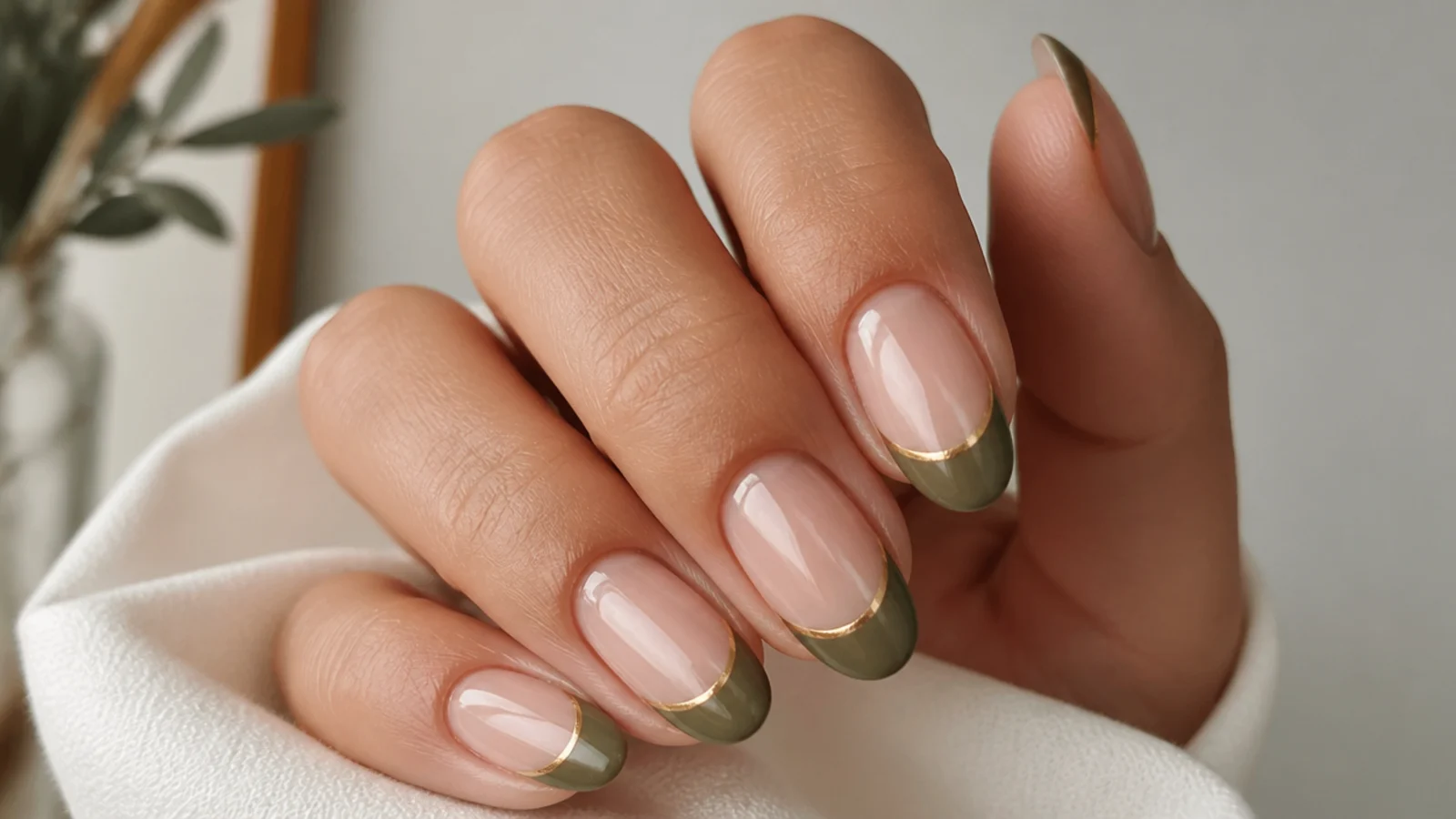 Olive green french tips outlined with a thin gold stripe on nude nails