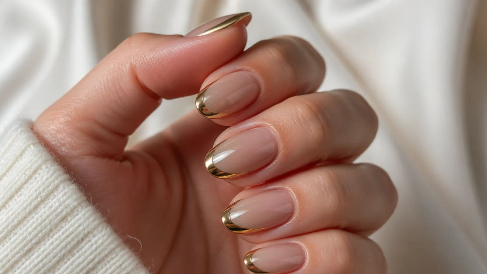 Metallic olive chrome french tips with a mirror finish on nude nails