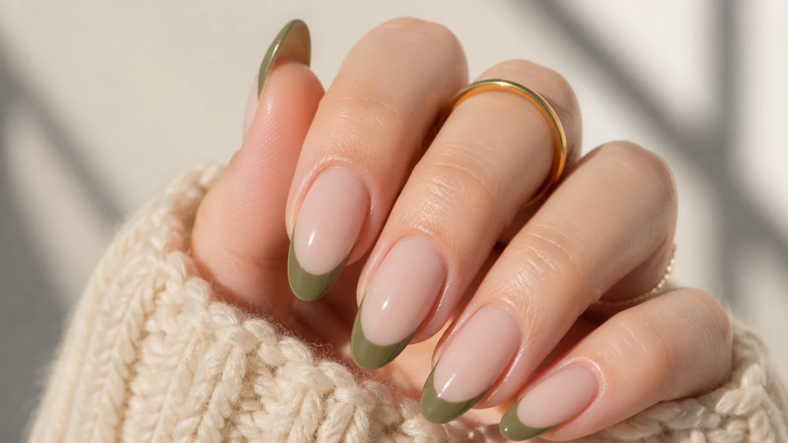 Muted olive green french tips on a long almond shape over nude