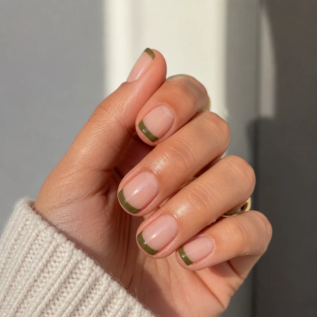 Neat olive green french tips on short square natural nails over nude