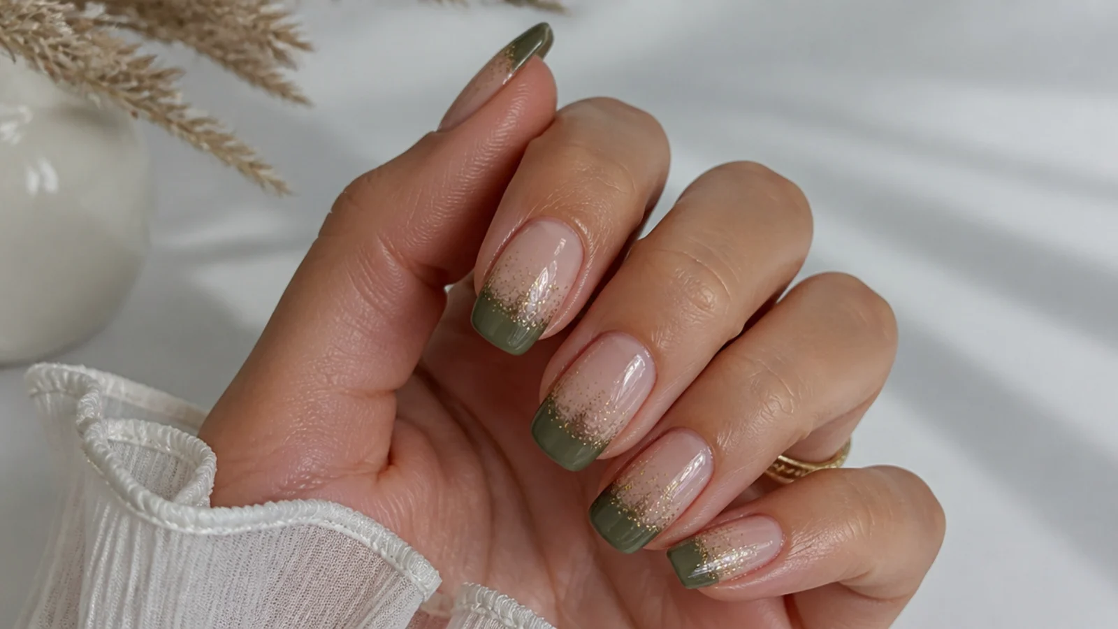 Olive green french tips fading into fine gold glitter over nude nails