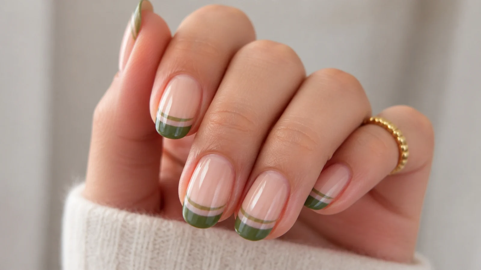 Olive green french tips with a bare negative-space stripe on natural nails
