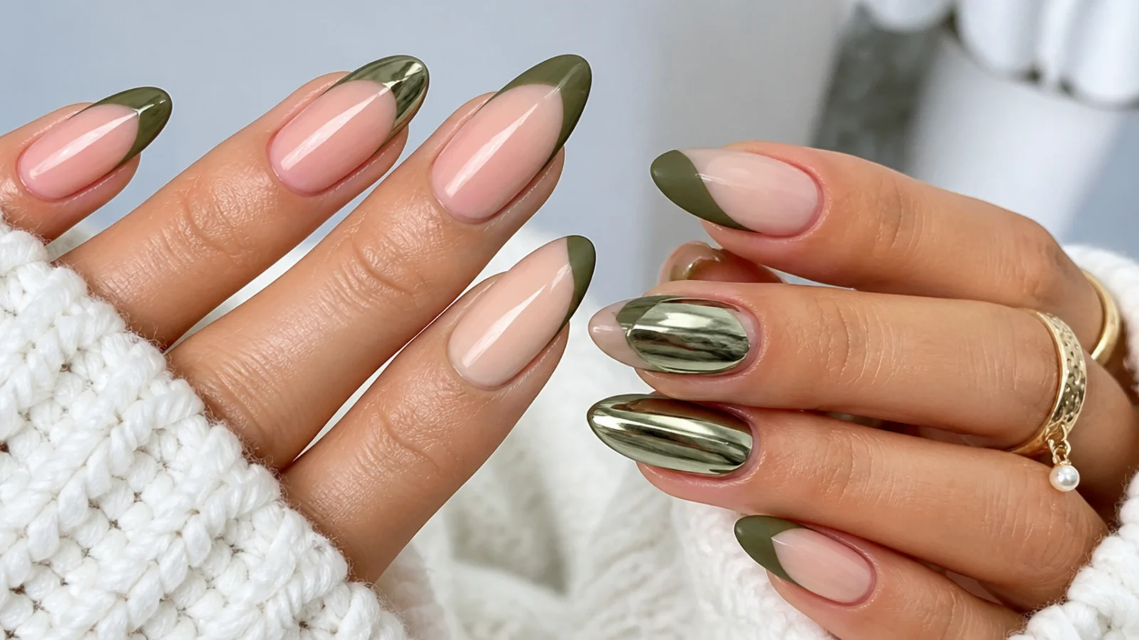 Olive green french tips shown in glossy, matte and chrome finishes