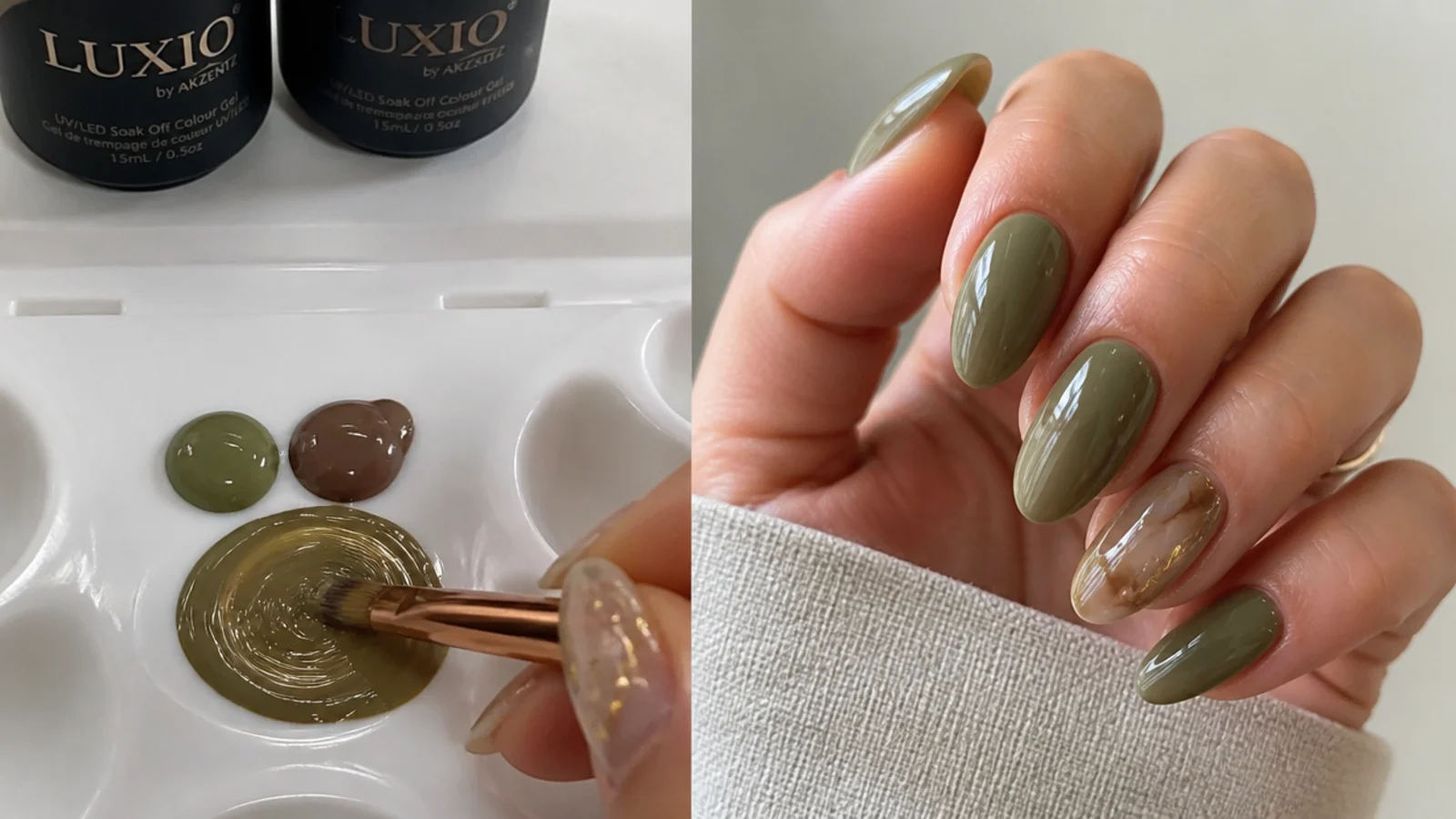 Mixing green and brown gel into a muted khaki-olive on a palette