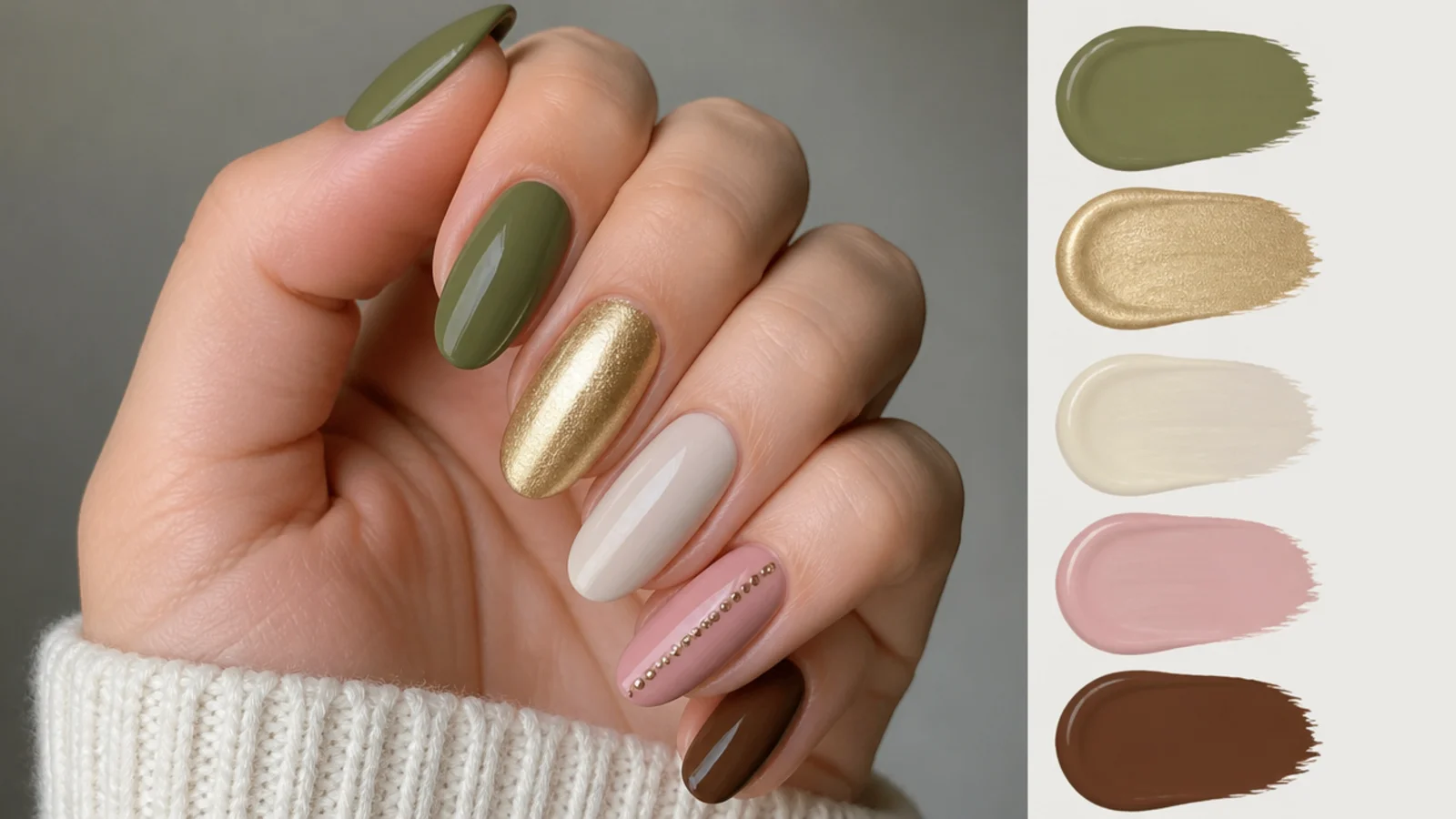 Olive green nails shown beside gold, cream, soft pink and brown swatches