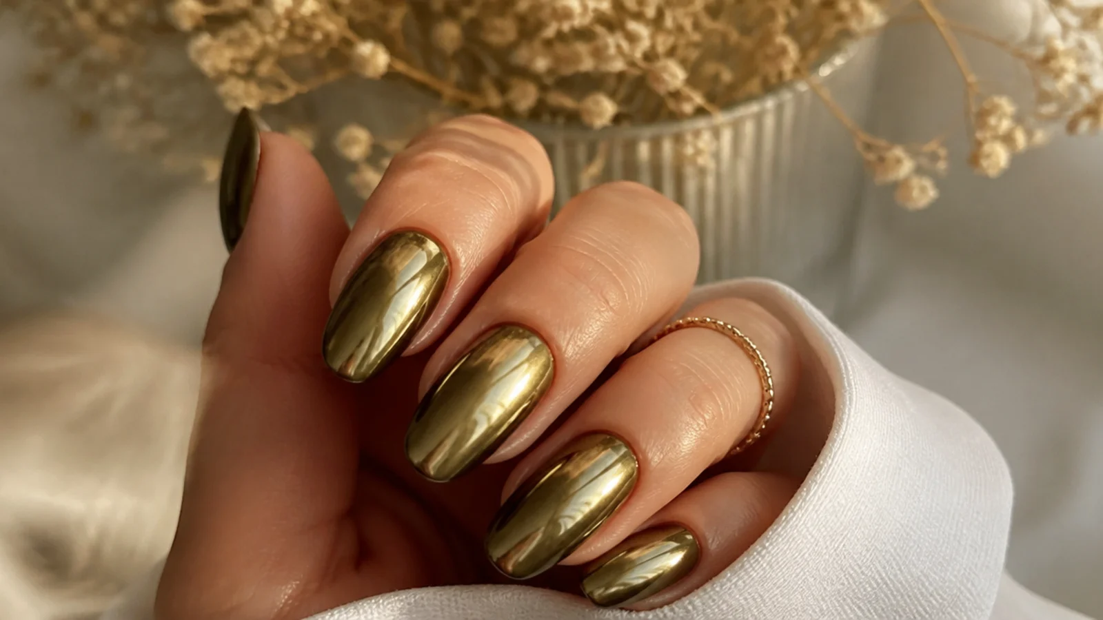 Olive green nails with a warm gold chrome mirror finish