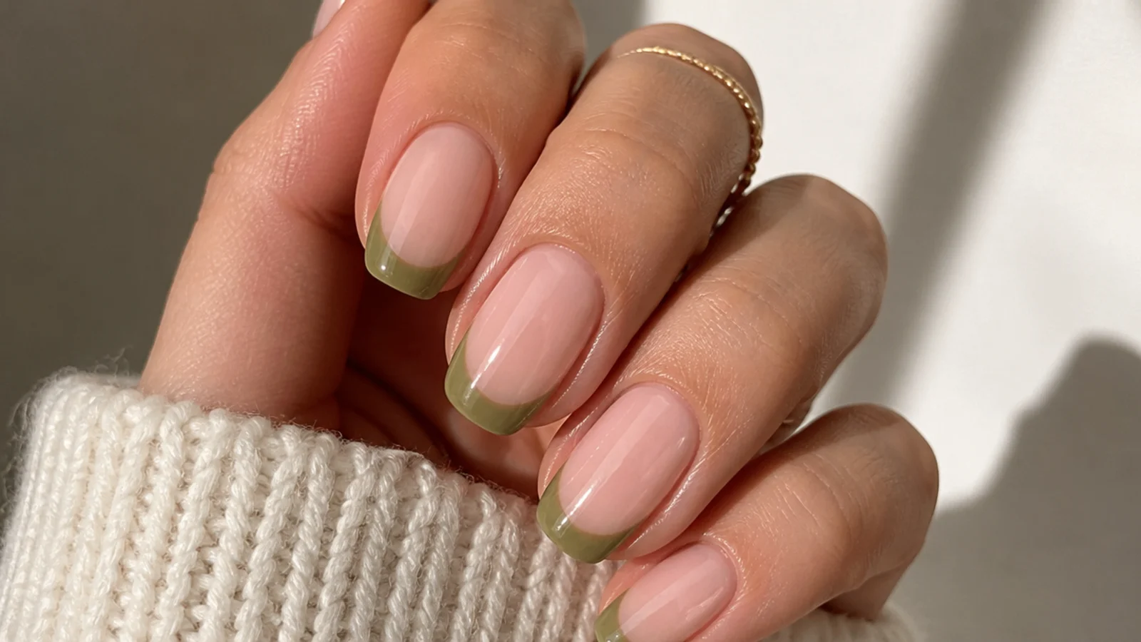 Sheer nude nails with muted olive green french tip smile lines