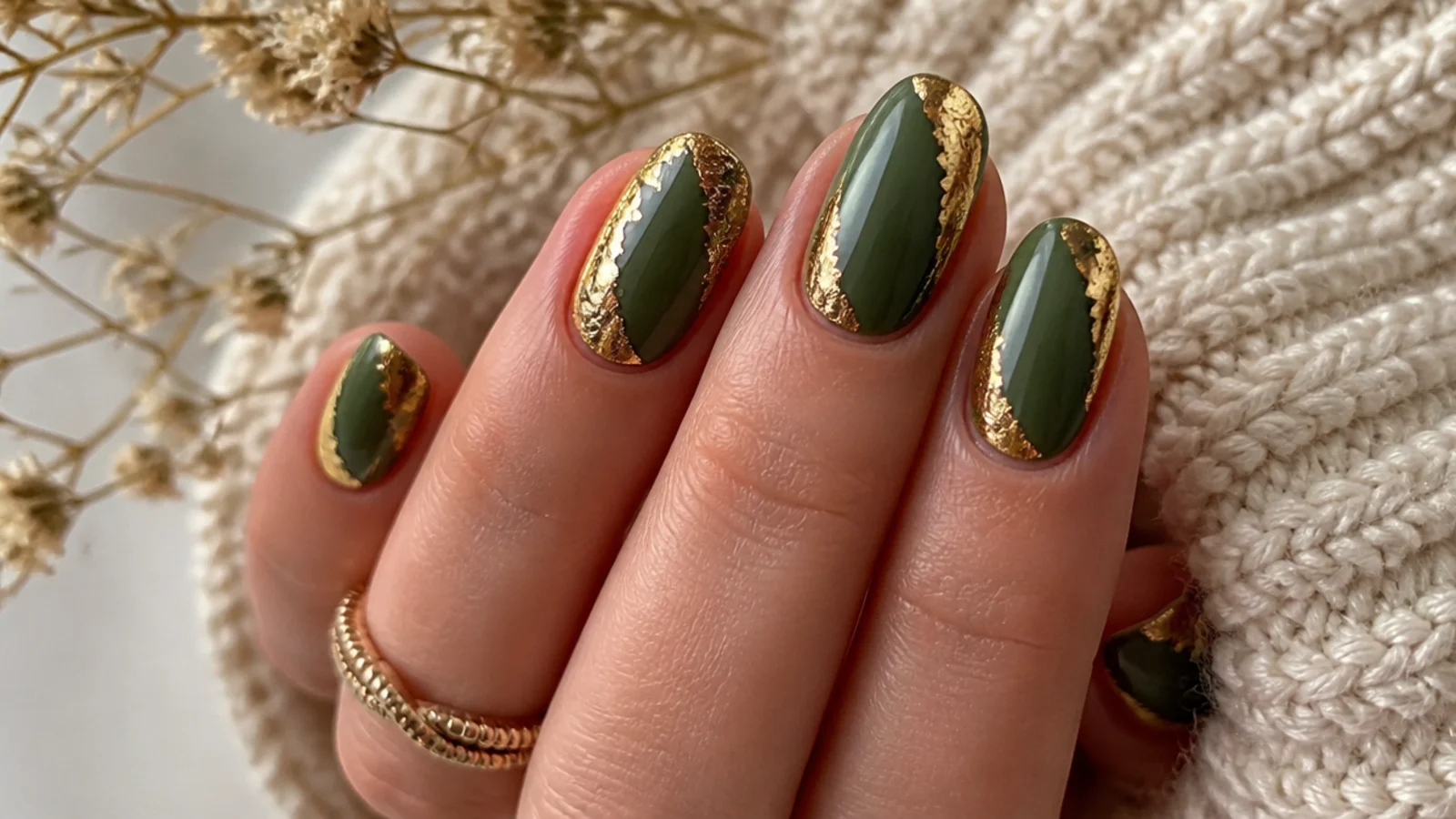 Muted olive green nails with torn gold leaf foil accents