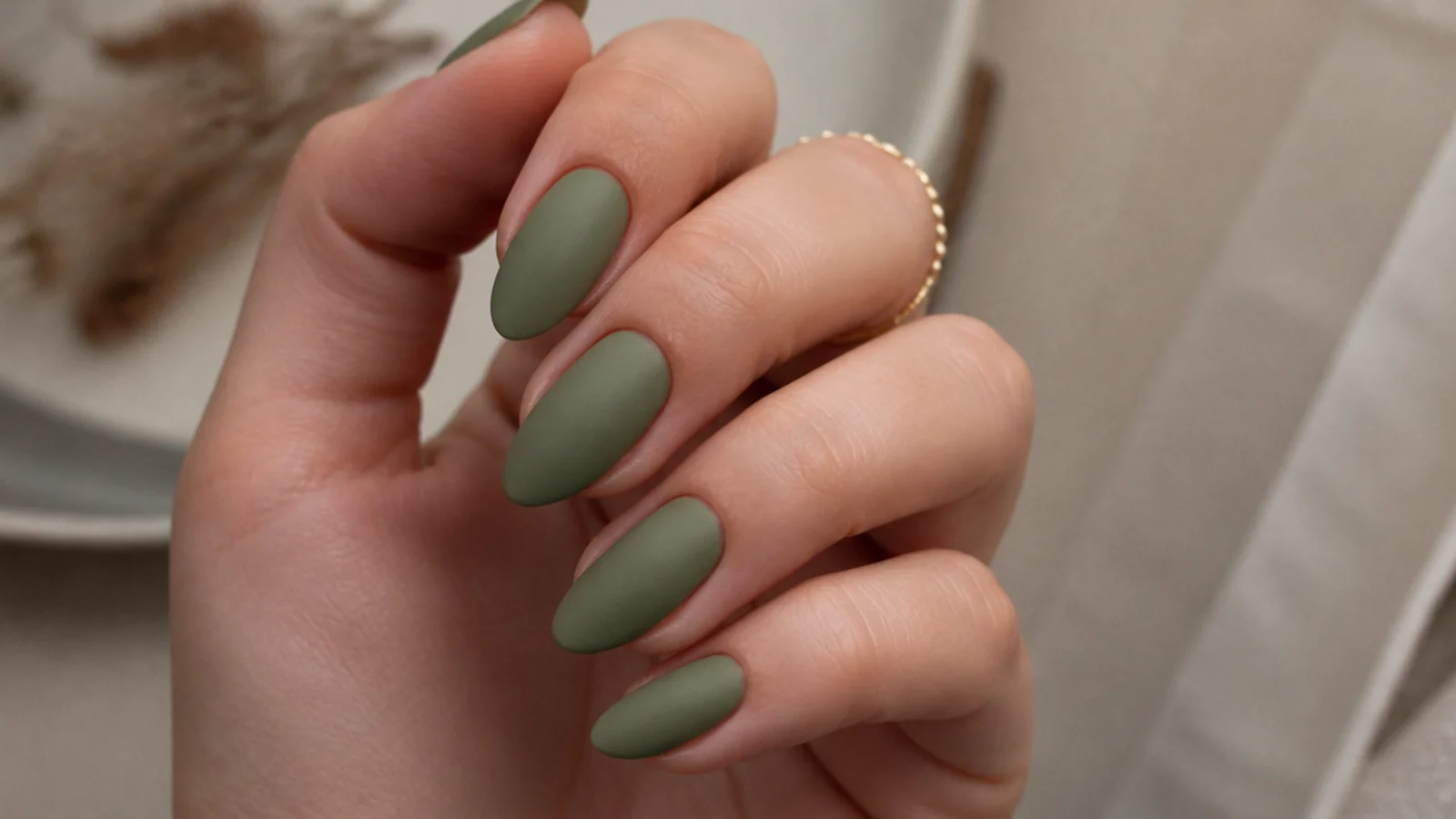 Solid muted olive green nails with a flat matte finish