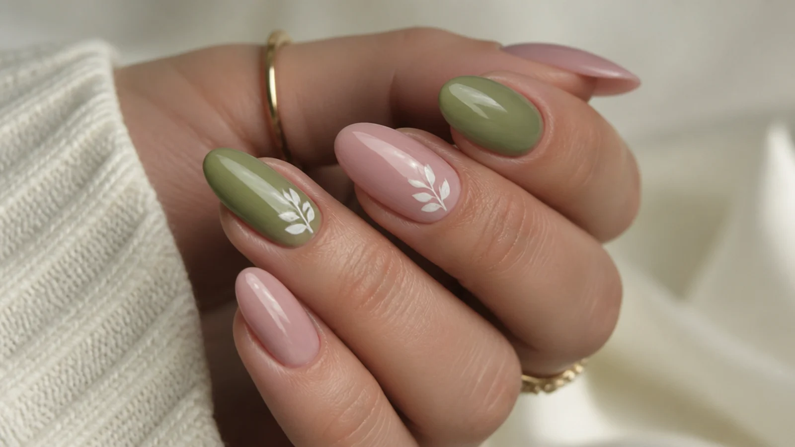 Muted olive green nails alternating with soft dusty pink nails
