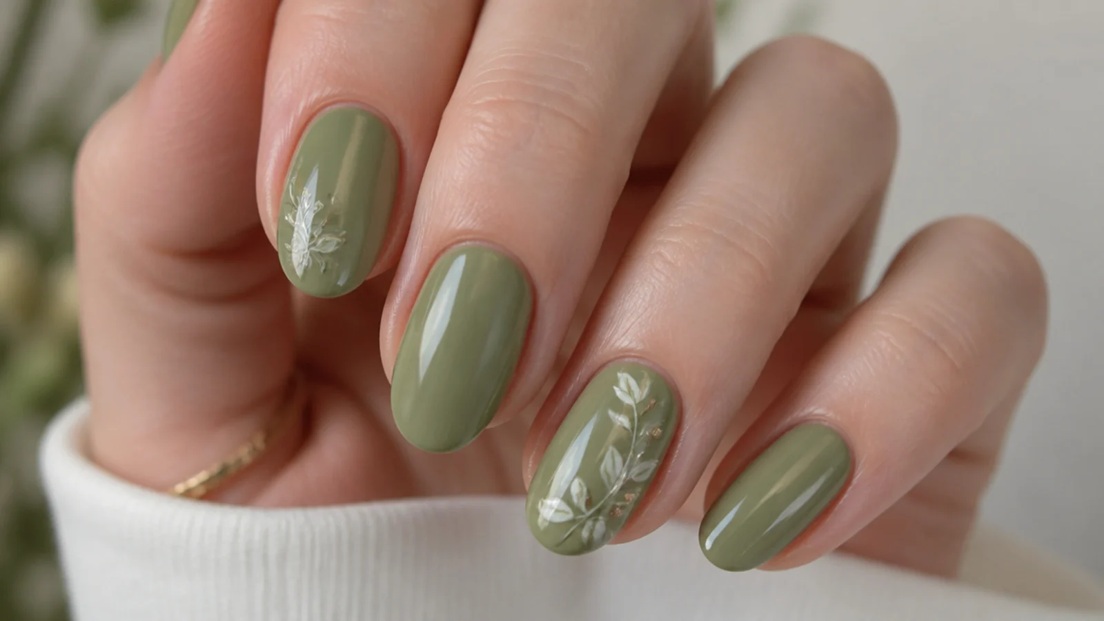 Soft light grayed olive green nails on fair-toned hands