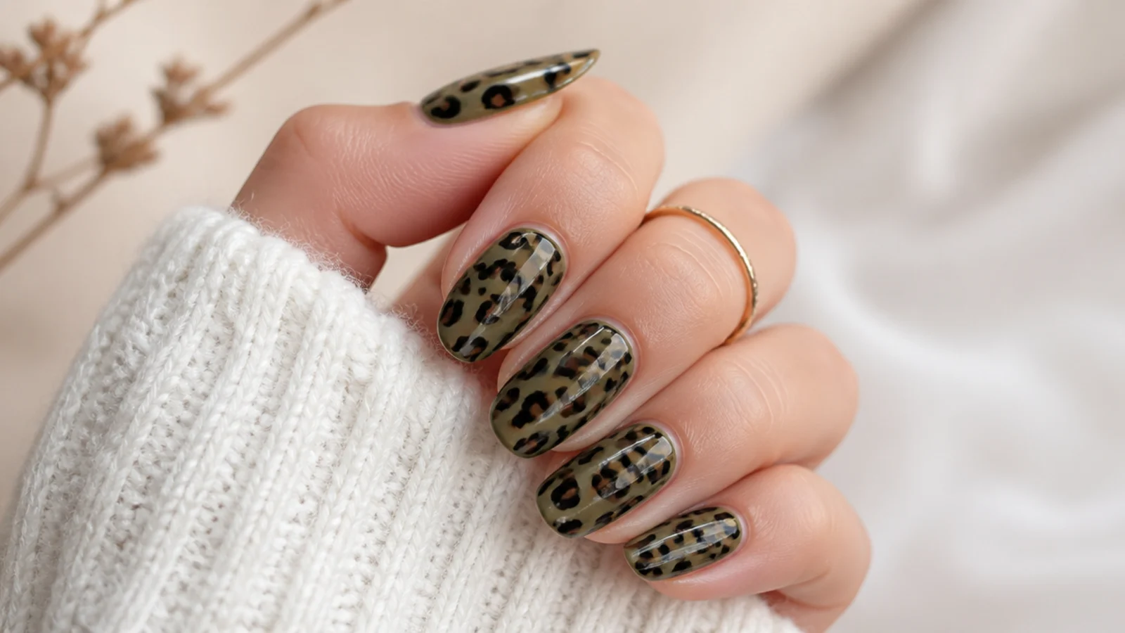 Olive green nails with brown and black leopard print spots
