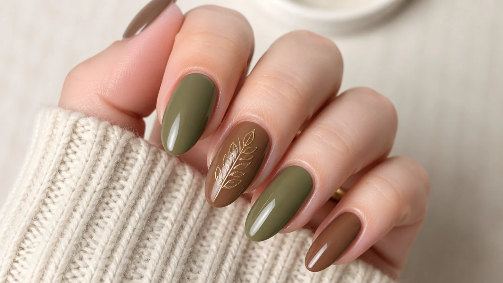 Olive green and warm brown alternating monochrome nails