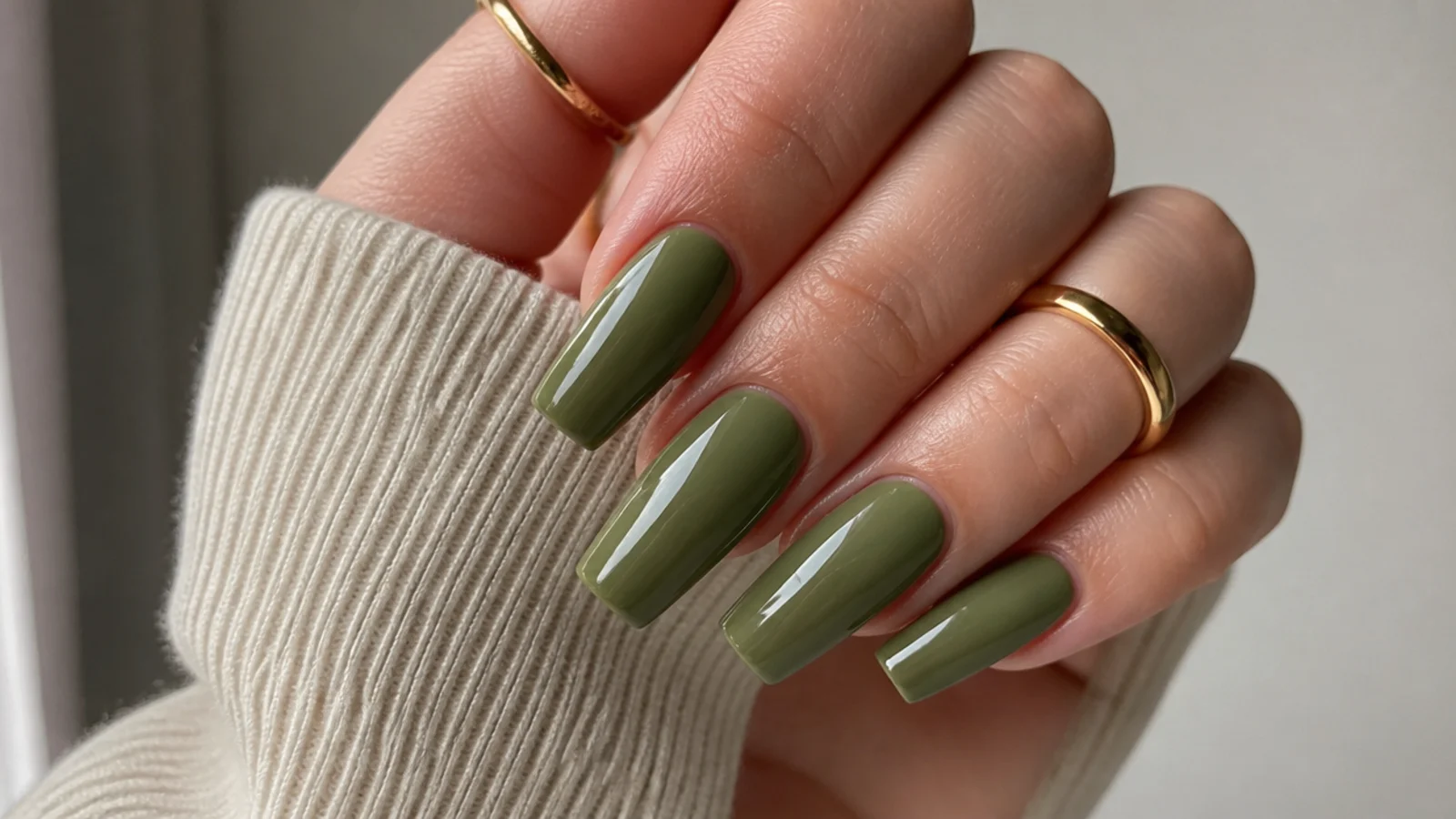 Long glossy muted olive green nails on a coffin shape