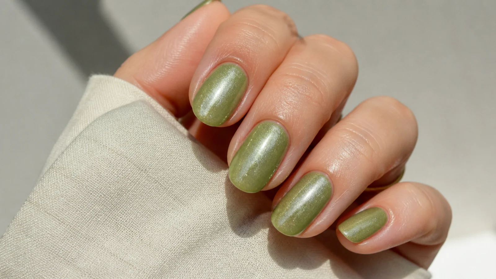 Muted olive green nails with a soft pearl glazed shimmer finish