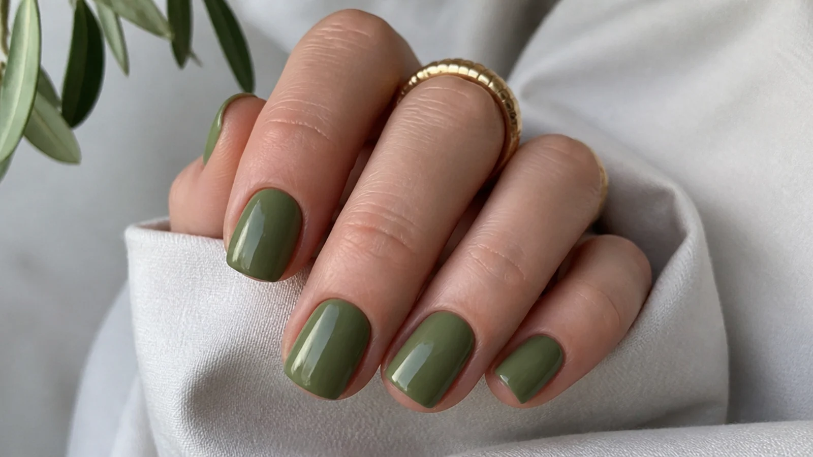 Short squoval muted olive green nails with a clean glossy finish
