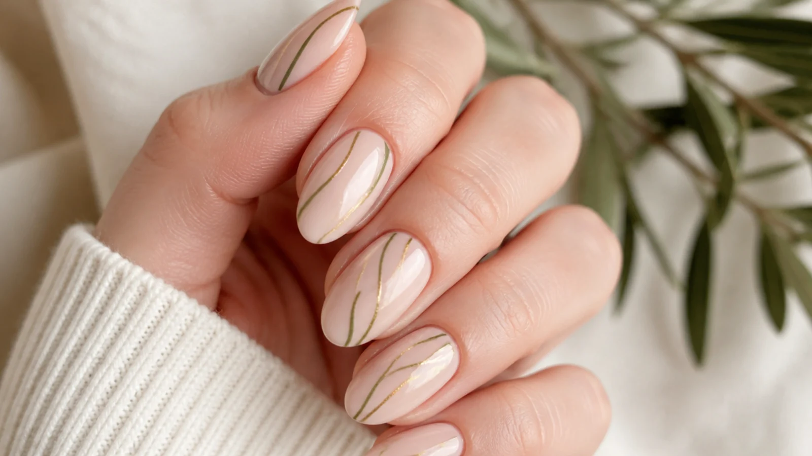 Nude nails with fine olive green and gold abstract line art