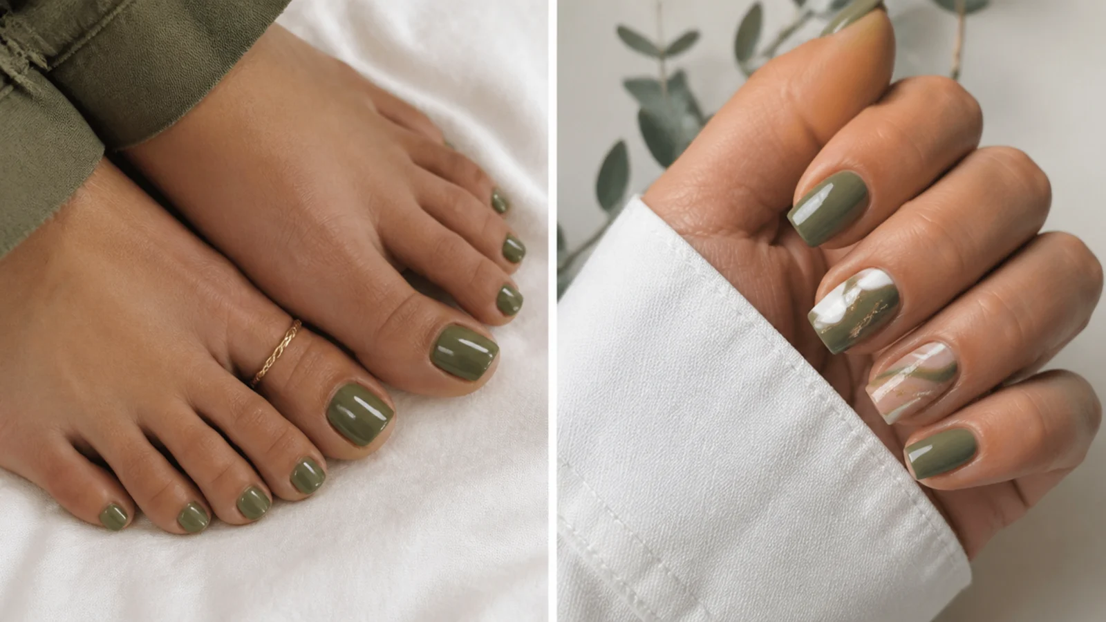 Muted olive green gel pedicure on toes with a glossy finish