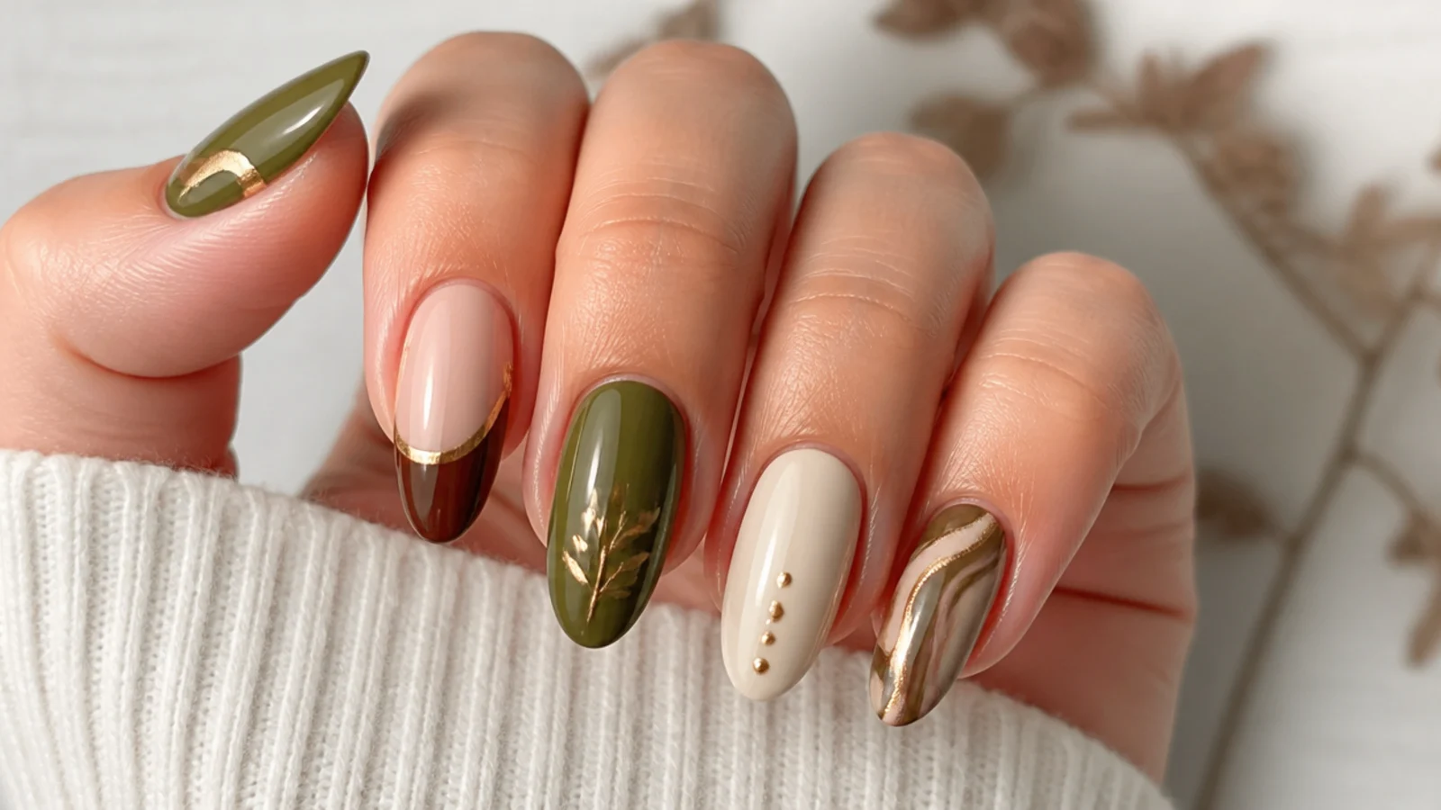 Olive green nails shown with gold, cream, pink, brown and chrome accents