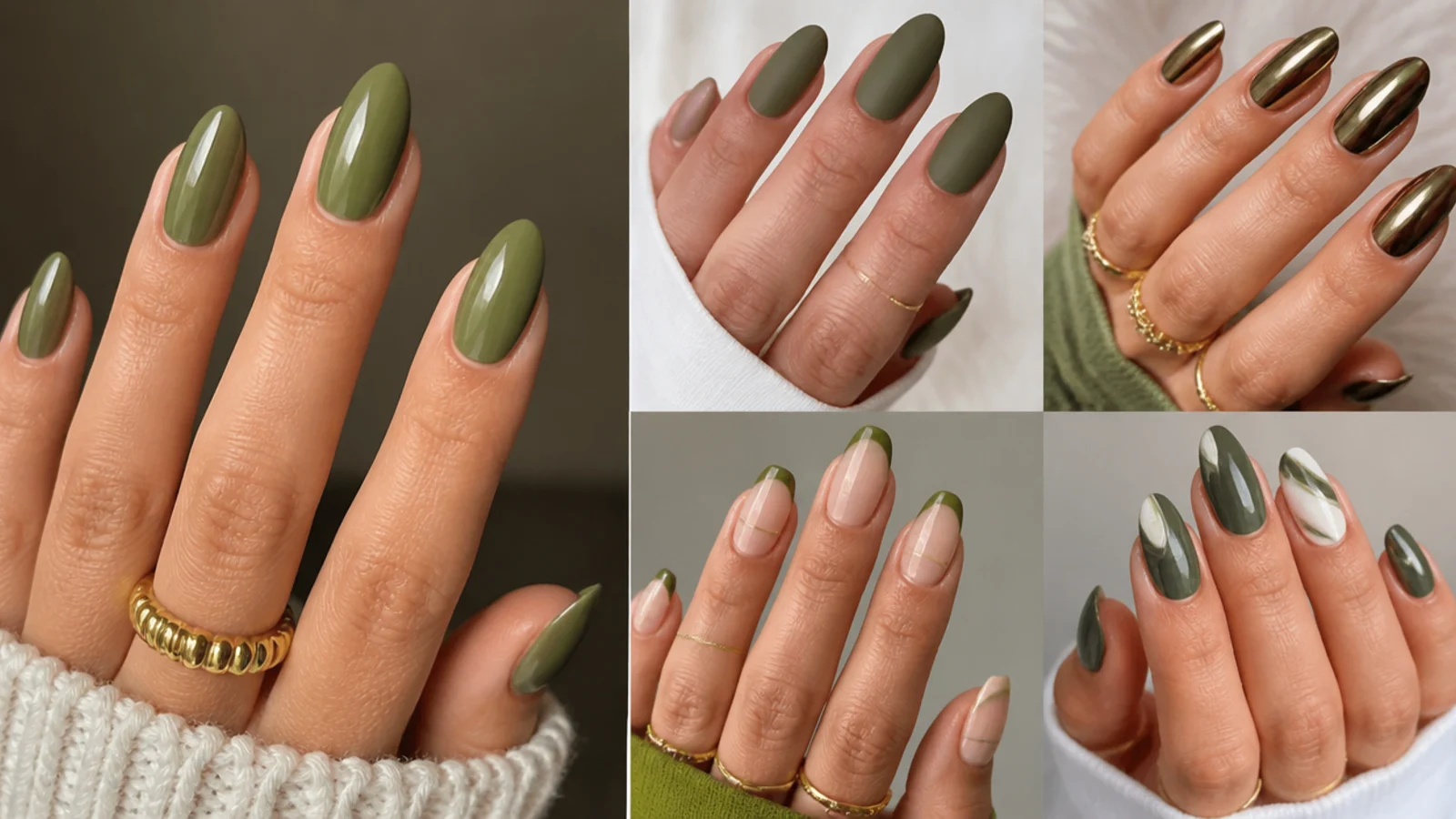 Olive green nails shown in glossy, matte, chrome and french finishes