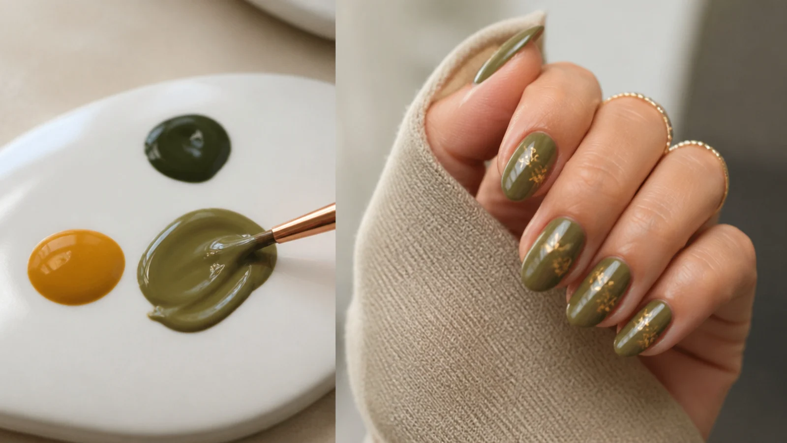 Mixing forest green and mustard gel into a muted olive on a palette